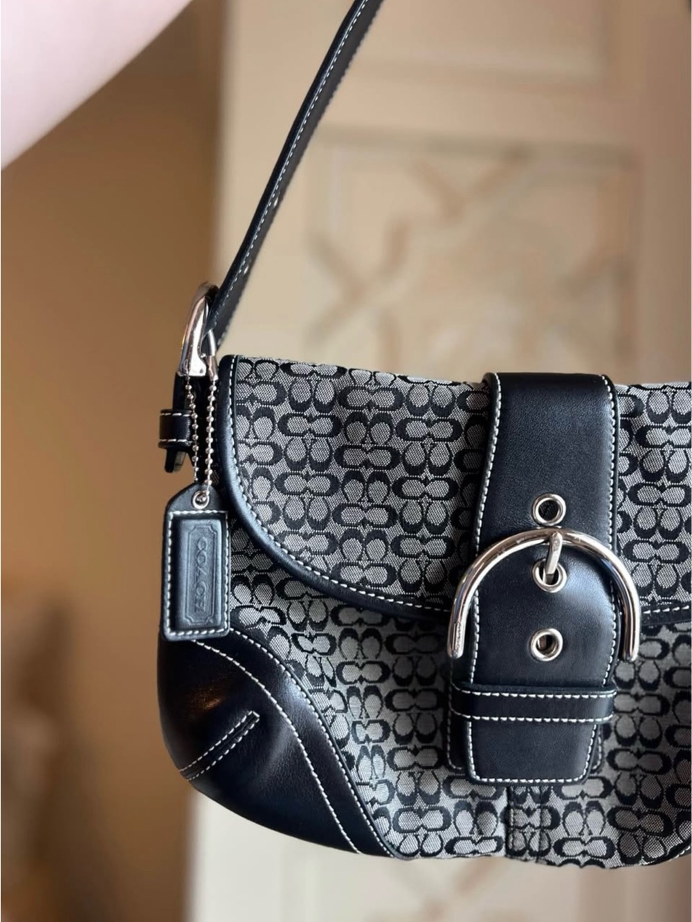 Coach Black and Gray Signature Canvas Shoulder Bag